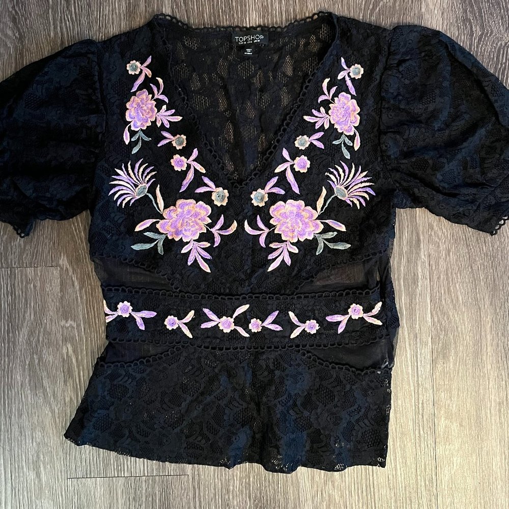 Topshop Embroidered Top (Size US 6)